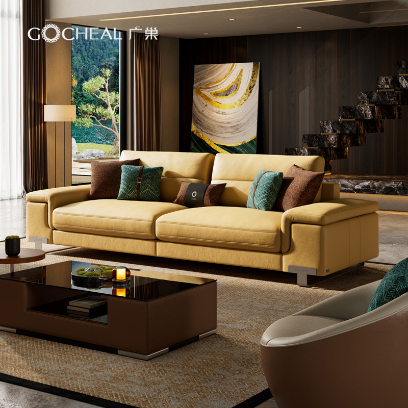 广巢意式极简头层牛皮皮艺沙发