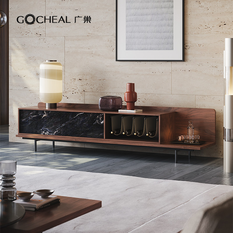 广巢纳菲电视柜意式复古胡桃木色客厅影视柜轻奢多功能储物落地柜