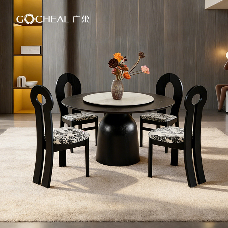 广巢月屿实木圆餐桌带转盘中古小户型黑色简约家用饭桌餐台椅组合