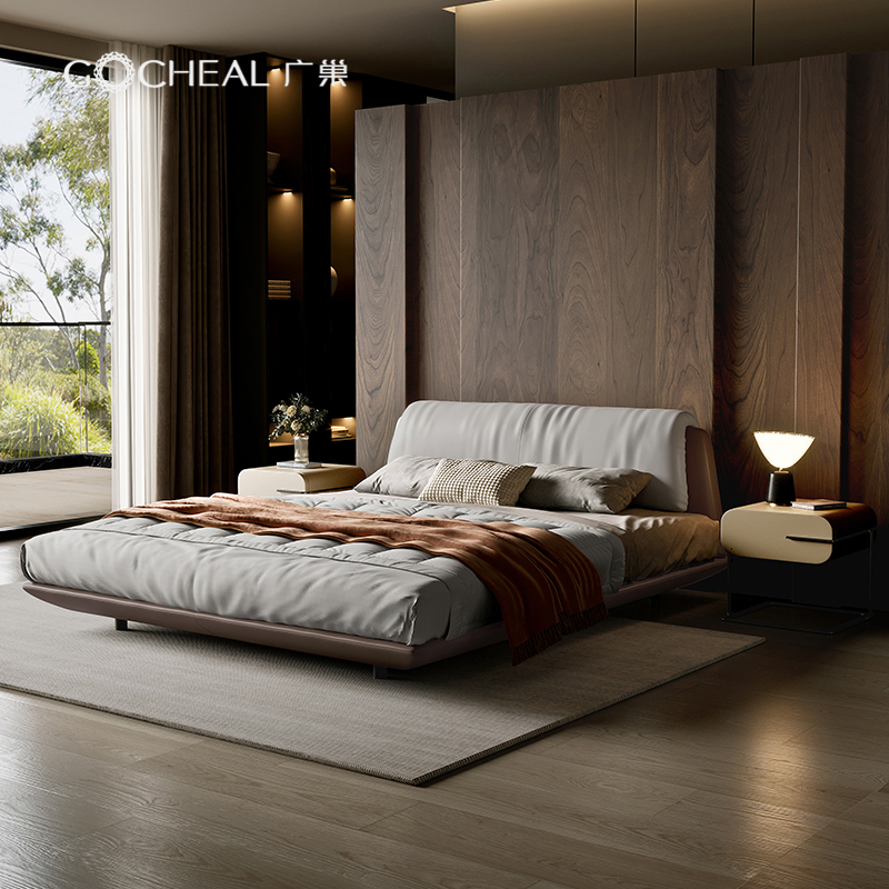 广巢真皮头层牛皮极简风悬浮床