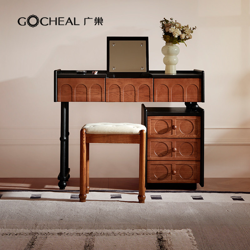 广巢露丝妆台中古复古实木梳妆台翻盖多抽屉收纳化妆桌卧室家具A