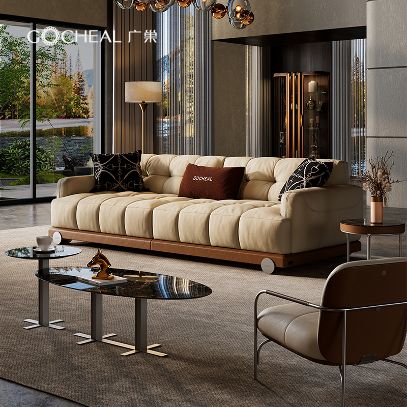 广巢意式轻奢钢琴键设计真皮沙发