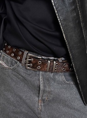 复古纯手工真马毛牛皮腰带ins韩国小众街头双排针扣铆钉真皮皮带