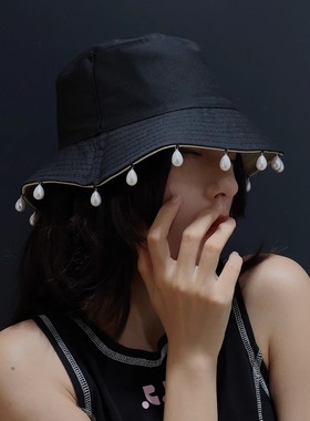 ASTUTE水滴珍珠复古个性遮阳渔夫帽小众高级感防紫外线双面盆帽
