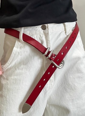 经典复古简约百搭头层牛皮金属银扣腰带our经典红色牛皮皮带
