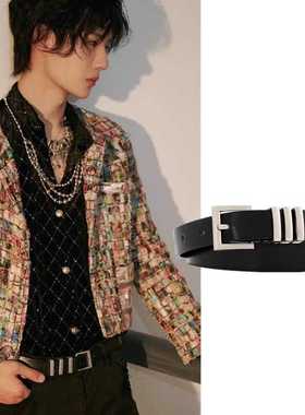 王一博同款三条杠腰带牛皮休闲百搭真皮皮带裤带复古cleanfit腰封