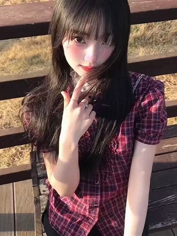 韩国泡芙袖衬衫短袖女子夏季穿红色格纹衬衫腰修身大学风格短上衣