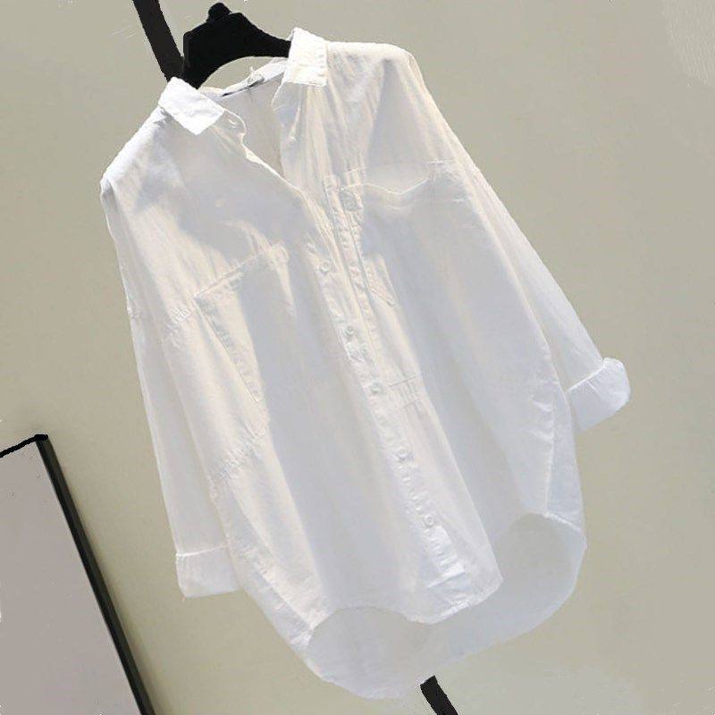 韩国2022春韩版宽松文艺bf风休闲衬衣双口袋前短后长棉衬衫女潮