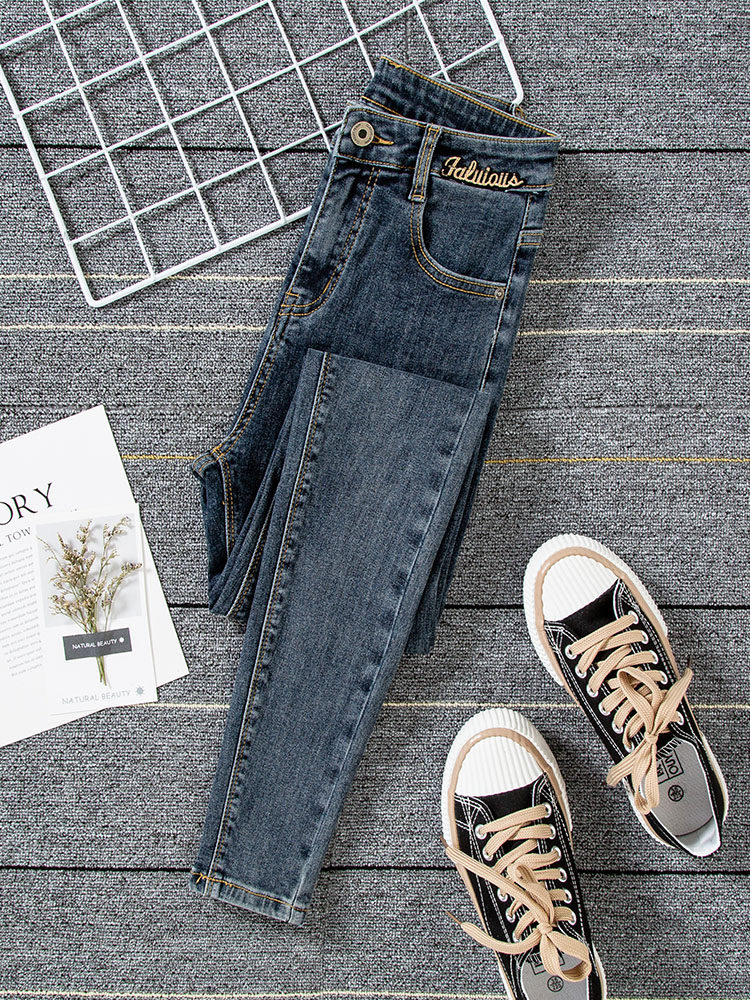 韩国蓝灰色牛仔裤女九分2022年春秋韩版新款刺绣高腰修身显瘦小脚