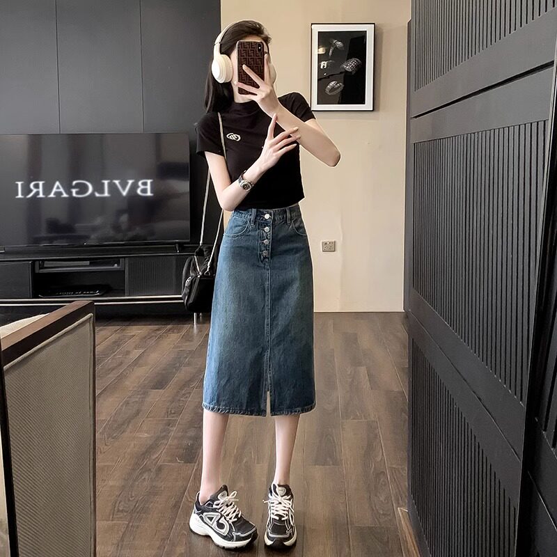 韩国牛仔裙开叉半身裙女夏季薄款小个子a字包臀裙高腰中长款裙子