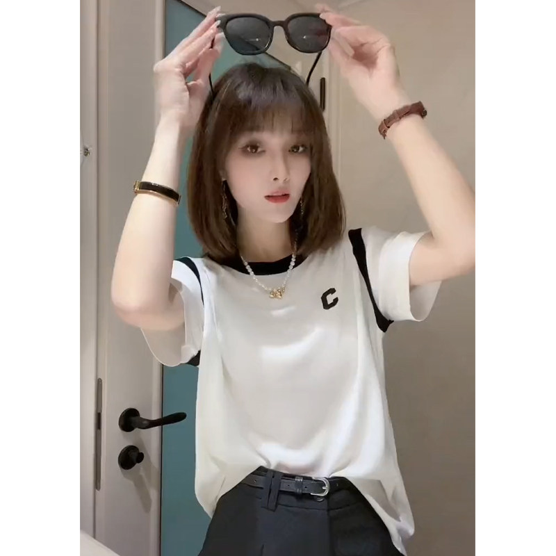 韩国拼接冰丝针织衫短袖正肩T恤女夏季宽松百搭时髦撞色打底上衣