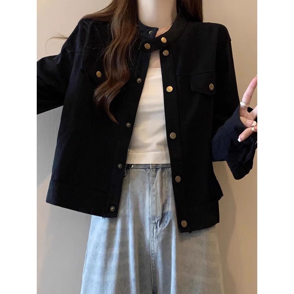 韩国大码胖mm美式立领夹克外套女春秋2025新款工装风正肩短款上衣
