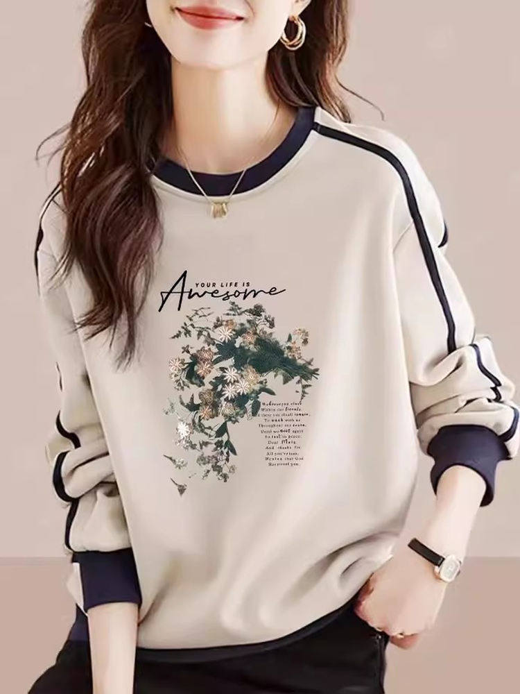 韩国撞色纯棉印花长袖拼色卫衣女春秋款时尚百搭宽松休闲印花上衣,女装/女士精品,大码内搭,淘宝优惠券,粉丝福利购,淘宝优惠卷