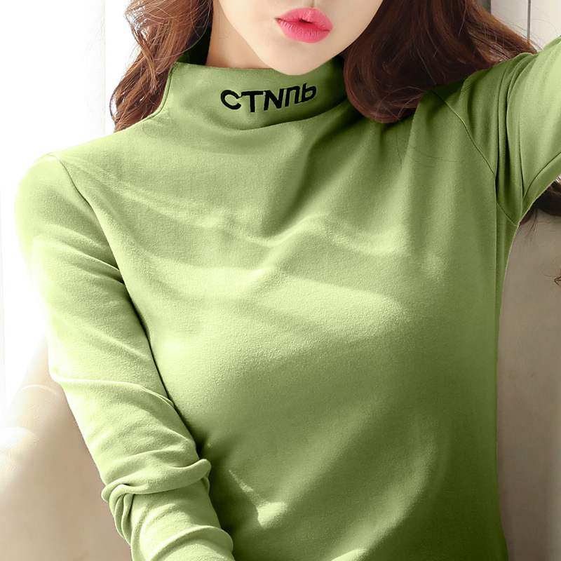 韩国半高领打底衫女2020新款长袖t恤女刺绣牛油果绿修身内搭上衣