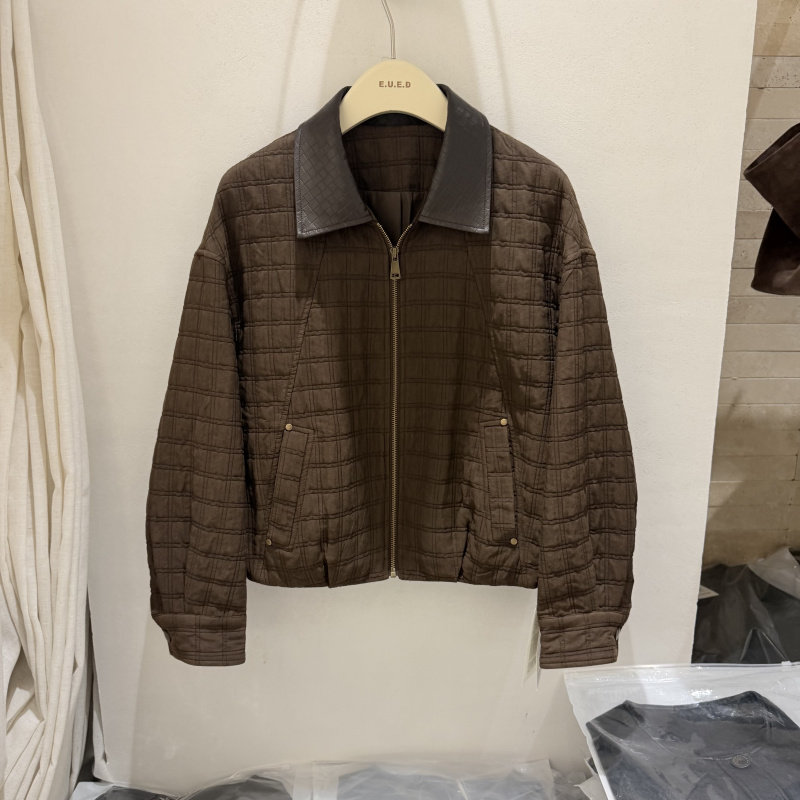 欧式复古风菱形格短款棉服女2026冬季新款翻领休闲百搭棉袄外套