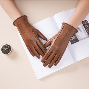触屏韩版 小羊皮真皮手套女士冬季 保暖加绒加厚机车开车防风薄短款