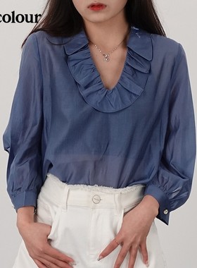 oldcolour欧珂2021夏季创意领长袖薄款套头衫女N21012154-499