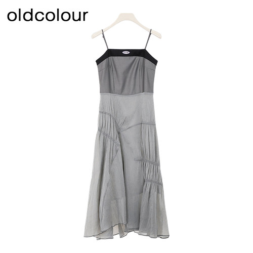 oldcolour夏季新款灰色高级感气质网纱吊带连衣裙女BR23101043