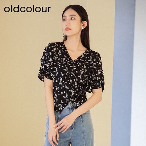 oldcolour夏季新款设计感气质V领显瘦短袖碎花衬衫女BR280108A1