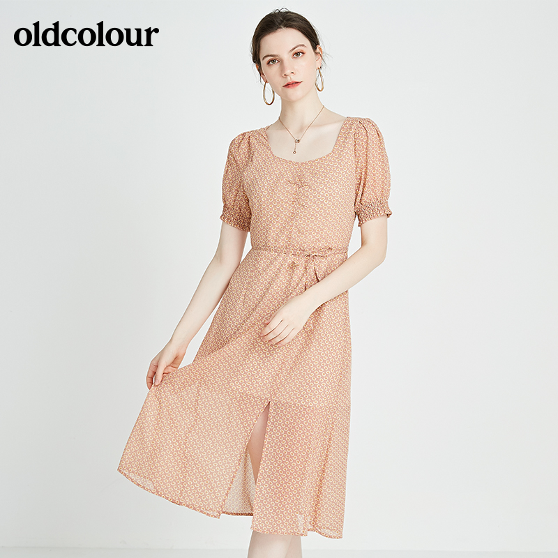 夏商场同款方领束腰短袖连衣裙