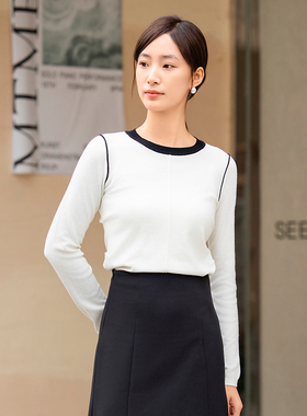 oldcolour春新品圆领拼色时尚通勤显瘦毛织套头衫女Q120510A1-599