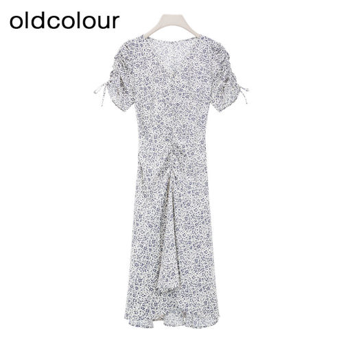 oldcolour欧珂时尚夏季新款V领碎花短袖连衣裙女BR23101055