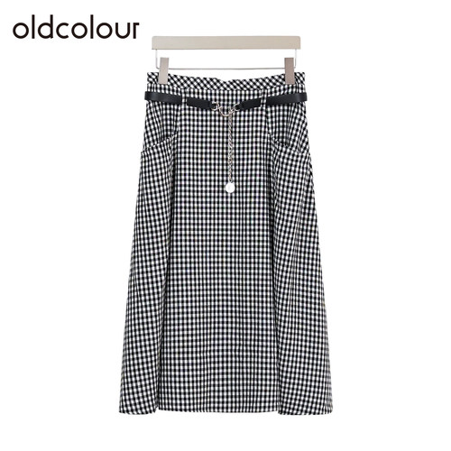 oldcolour欧珂夏季休闲宽松通勤百搭A字黑白格长裙女Q220602A1