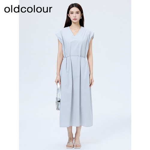 oldcolour欧珂简约通勤休闲时尚V领纯色短袖连衣裙女