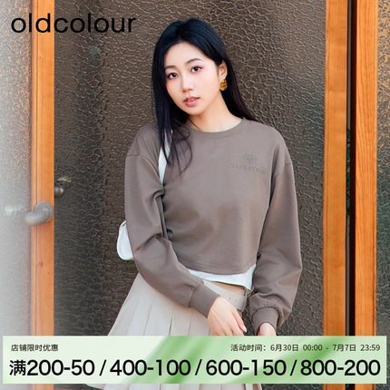 oldcolour春季圆领短款休闲遮肉宽松气质长袖T恤女BR140206A1-459