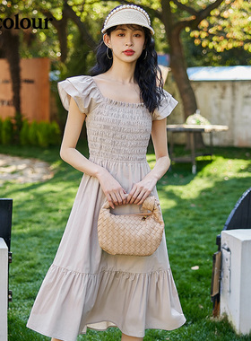 oldcolour2022夏松紧显瘦全棉休闲垂感短袖连衣裙BO22101025B-999