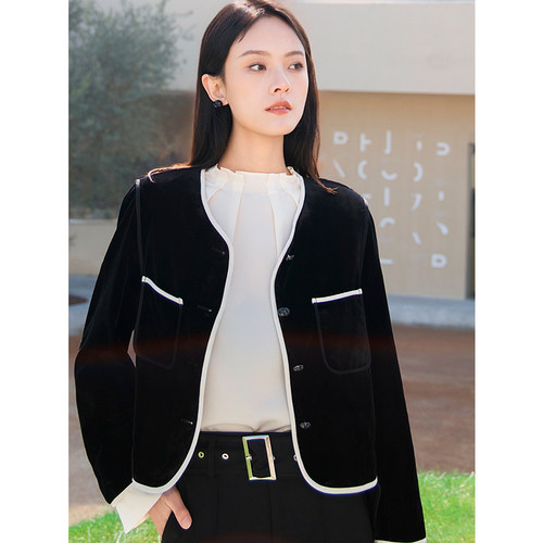 oldcolour春季黑色简约气质时尚百搭宽松短外套女Q110418A1-999