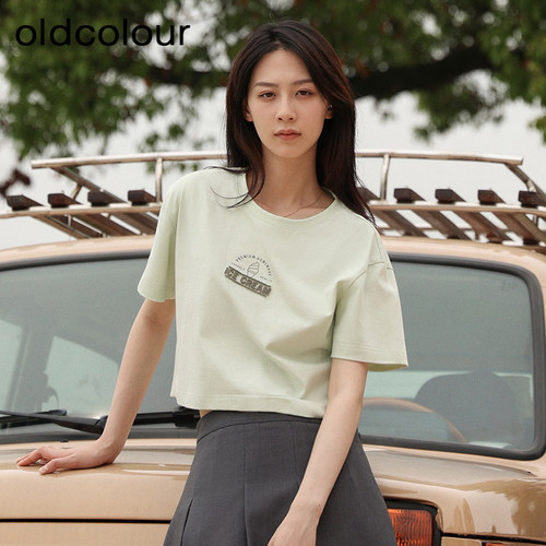 ooldcolour夏季新款简约休闲百搭圆领短袖短款T恤女