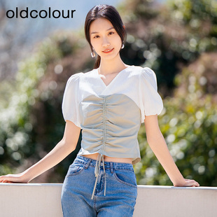 399 夏设计感撞色拼接抽褶上衣女Q23011122B 分oldcolour修身 衬衫