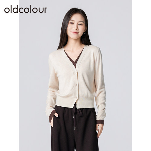 oldcolour欧珂春秋季休闲日常简约百搭通勤V领假两件毛织短外套