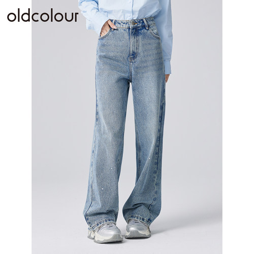 oldcolour欧珂春秋季时尚烫钻阔腿高腰宽松显瘦百搭水洗牛仔长裤