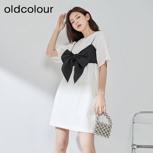 oldcolour欧珂夏季日常宽松休闲简约撞色短袖连衣裙女Q29101271