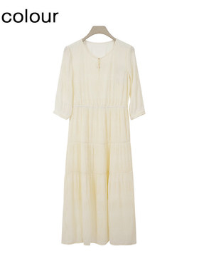 oldcolour欧珂春商场同款休闲圆领纯色中袖连衣裙女Q131018A1-799