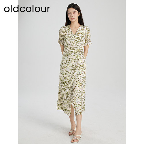 oldcolour夏季优雅气质V领显瘦开叉碎花短袖连衣裙BR291005A1