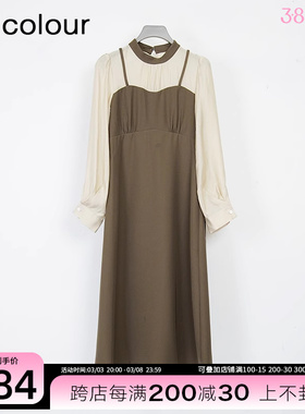 oldcolour欧珂商场同款时尚圆领拼接长袖连衣裙BQ431003A1-699