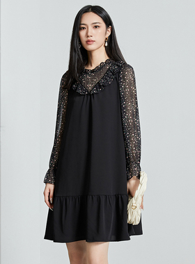oldcolour秋新款女装时尚洋气时髦黑色荷叶边碎花裙P321006A1-799