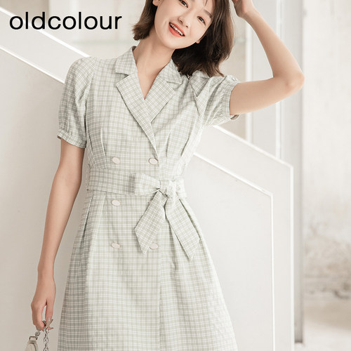 oldcolour夏季泡泡袖排扣装饰收腰显瘦格子连衣裙Q21101239B-599