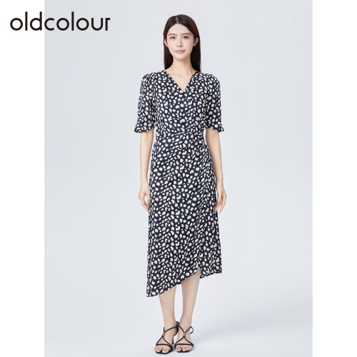 oldcolour欧珂夏季简约休闲收腰波点V领短袖连衣裙女S291008A1