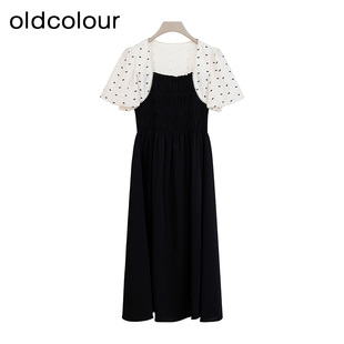 oldcolour商场同款夏款撞色时尚优雅短袖连衣裙女GP21101740-639