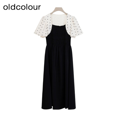 oldcolour商场同款夏款撞色时尚优雅短袖连衣裙女GP21101740-639