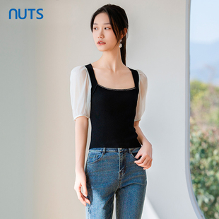 新款 短袖 上衣修身 通勤小衫 499 NUTS 421052198 黑白撞色t恤女夏季