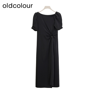 oldcolour商场同款夏季黑色设计感气质短袖连衣裙女P27101028-759