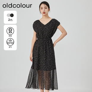 859 波点连衣裙女N24104419 oldcolour2023夏新款 气质高腰V领长款