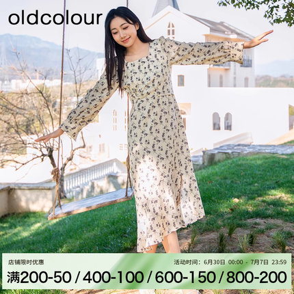 oldcolour春季时尚修身文艺方领碎花长袖连衣裙女BR131005A1-599