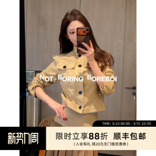 短款 修身 立体剪裁双口袋夹克真牛角扣立领春季 麂皮绒感皮衣