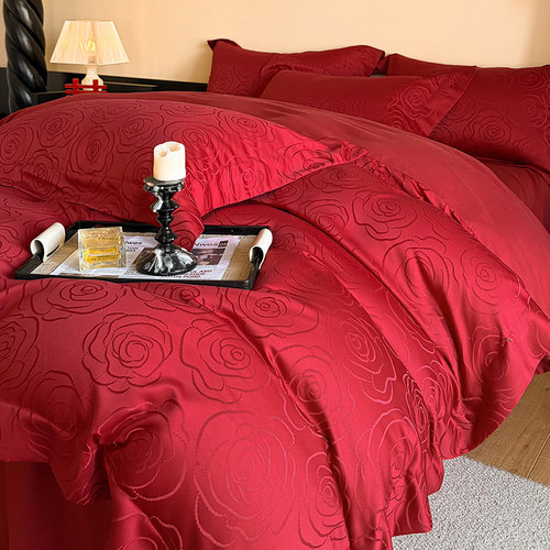 高档结婚玫瑰四件套2025新款红色婚庆喜被套床单新婚陪嫁床上用品